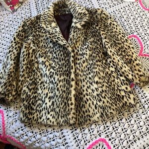 Vintage Leopard Print Faux Fur Coat - Beige/Black Women's Jacket no brand/size